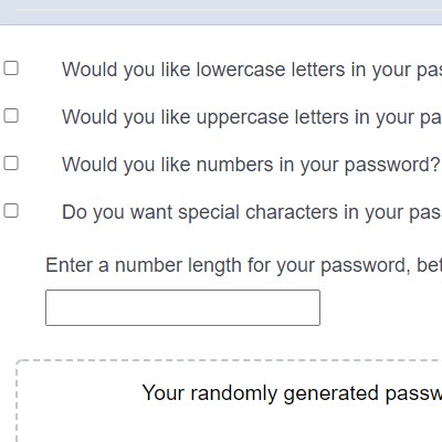 A picture of the JavaScript Password Generator app.
